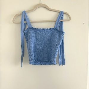 Blue tube top with tie straps